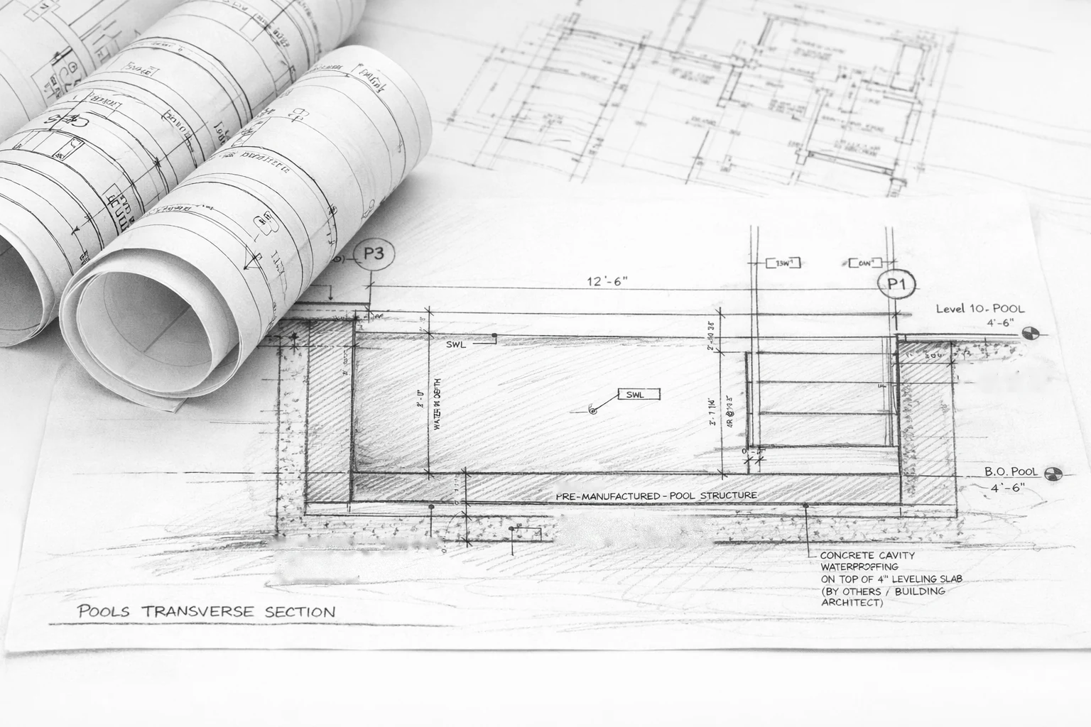 Pool design rendering showing layout and planning details for a custom aquatic installation