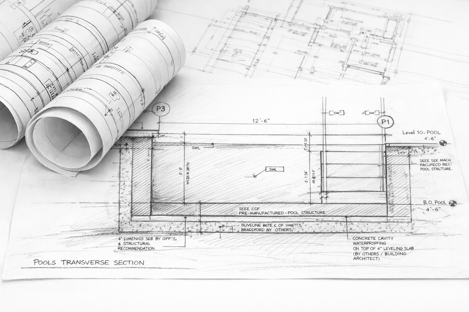 Pool design rendering showing layout and planning details for a custom aquatic installation